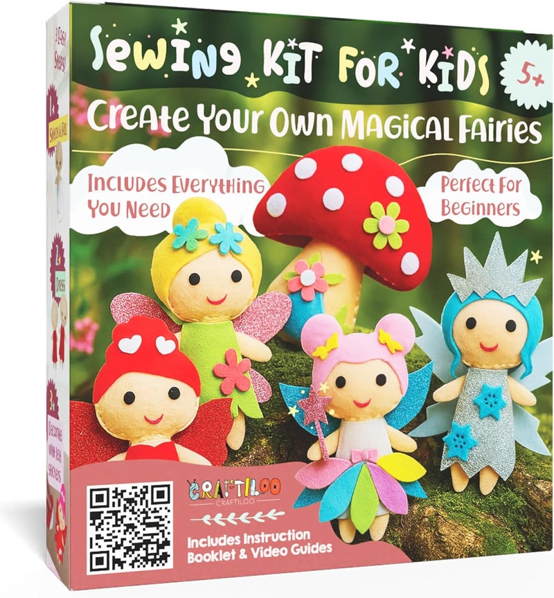 CRAFTILOO Fairy Sewing Kits for Little Girls 5 Easy Projects for Childrens Kid Crafts Make Your Own Felt Pillow Plush Craft Kit My First Sewing Kit Learn to Sew - Image 1